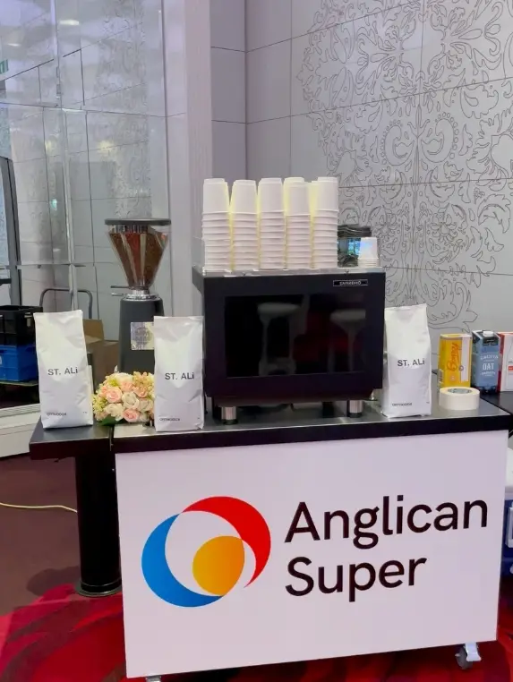 Anglican Super branded coffee cart at a Melbourne corporate event