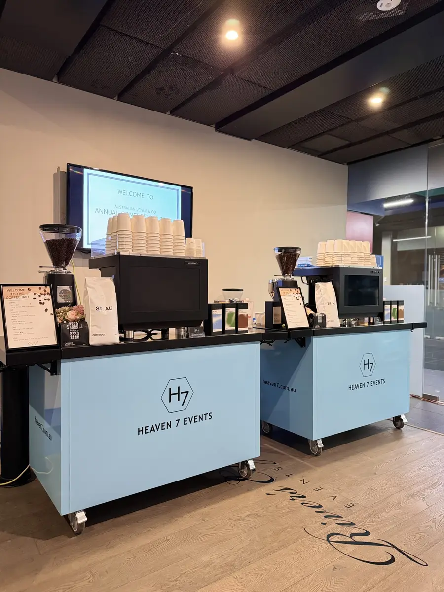 Two Heaven 7 Events coffee carts set up at a corporate venue