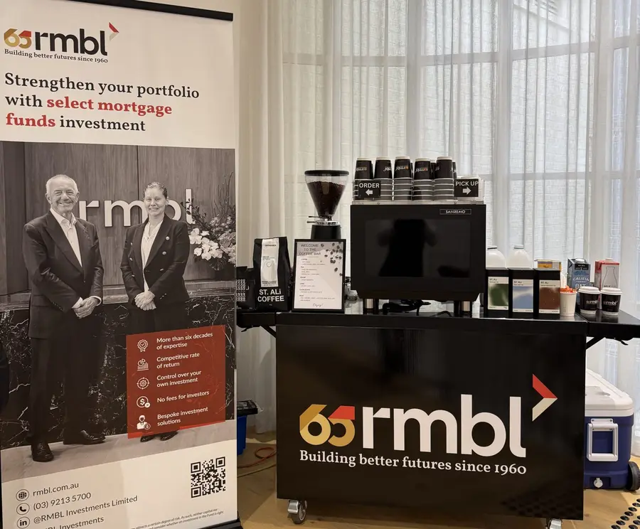 Coffee cart branded for RMBL with ST. ALi coffee at a corporate event